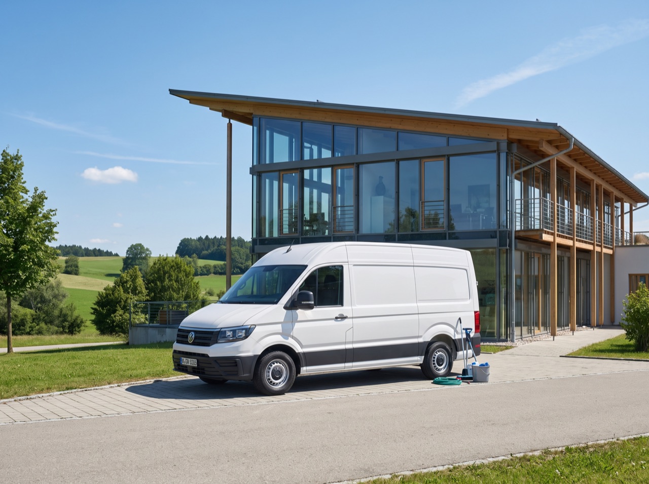 Reinigungs-Servicefahrzeug vor einem Gebäude in Oberbayern